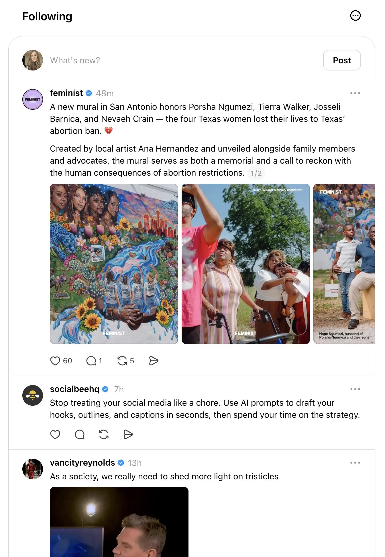 Threads “Following” feed displaying posts exclusively from followed accounts, including text updates, image posts, engagement metrics, and a post composer at the top for creating a new thread.