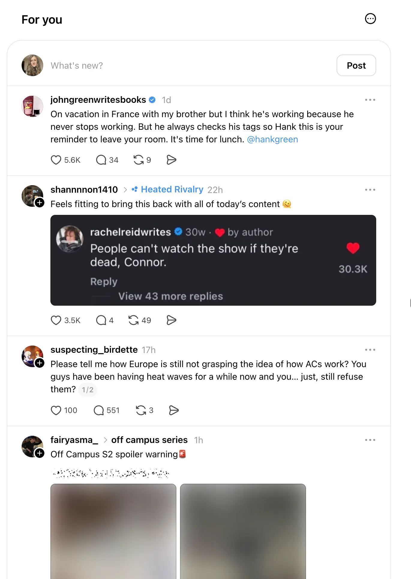 Threads “For You” feed displaying recommended posts from multiple accounts, including text posts, image posts, engagement metrics, and a post composer at the top for creating a new thread.