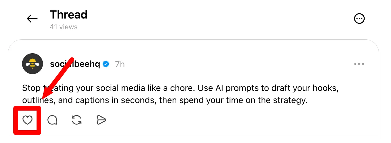 Threads thread view showing a post from the SocialBee account. The heart-shaped Like button below the post content is highlighted, indicating where users can like a thread.