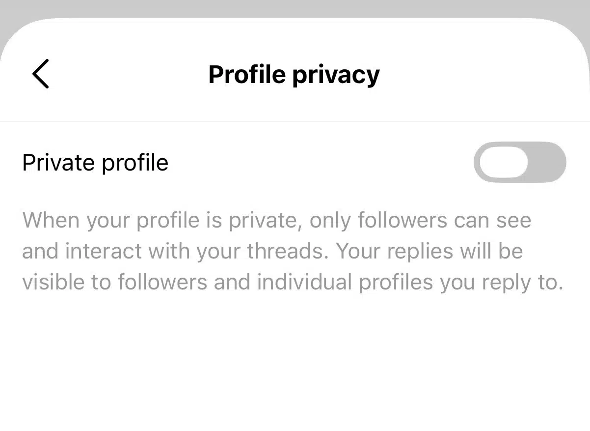 Threads profile privacy settings screen showing a toggle to switch between a public and private profile. The page explains that when a profile is private, only approved followers can view and interact with threads, while replies remain visible to followers and the individual profiles being replied to.