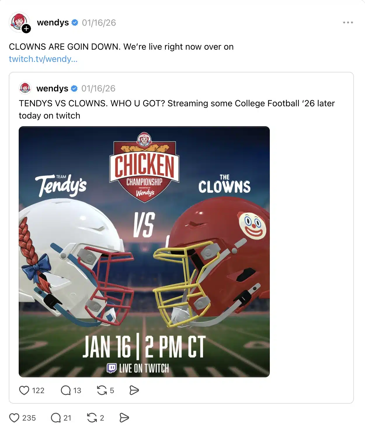 Threads post from the Wendy’s account featuring a quoted thread. The post contains a nested Wendy’s thread with an image promoting a Twitch livestream, demonstrating how quoted threads appear within a post.