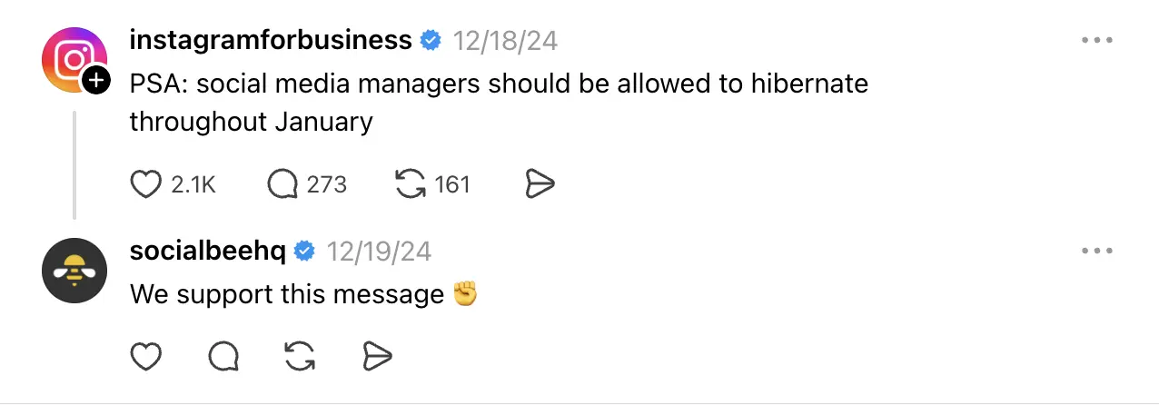 Threads conversation showing a reply from the SocialBee account beneath a post from the Instagram for Business account. The thread displays the original post, a connected reply, engagement icons, and interaction counts.