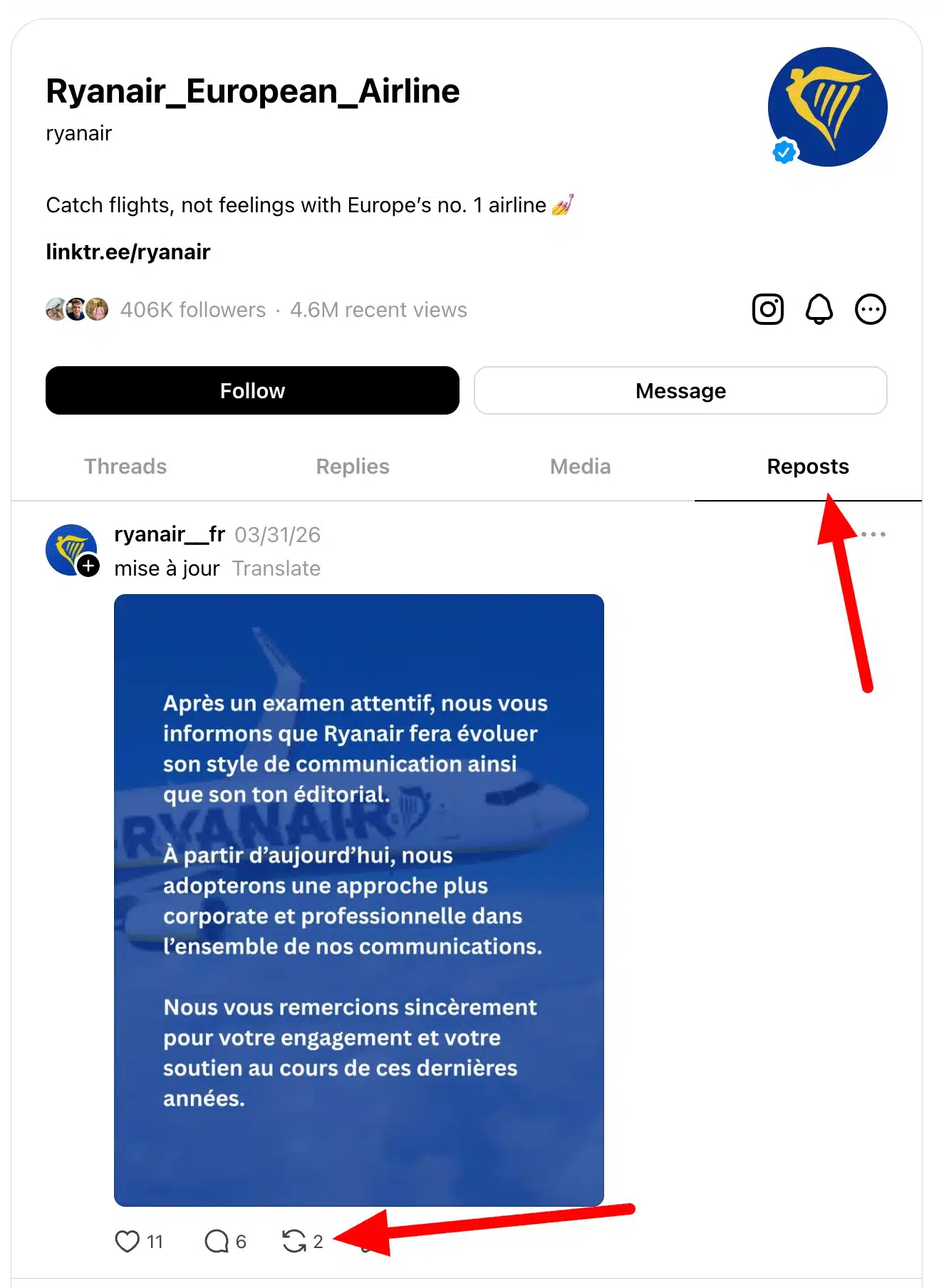 Threads profile page for the Ryanair account with the Reposts tab selected. The screen displays reposted content from another account, showing where users can view all reposts on a Threads profile.