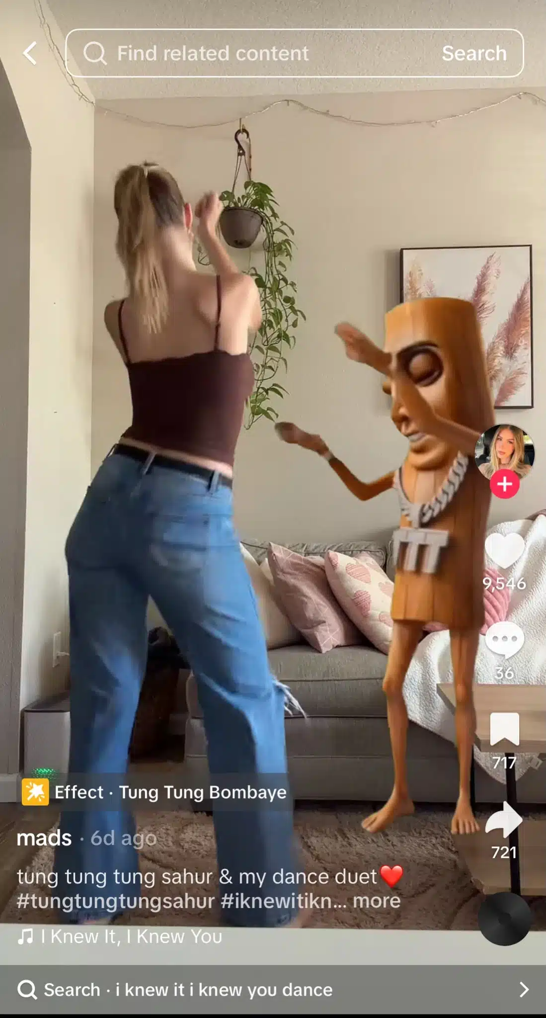 TikTok video from @mads showing a woman dancing in a living room alongside an animated Tung Tung Sahur character, with the TikTok interface displaying engagement metrics, effect information, hashtags related to the Tung Tung Sahur trend, and search term “i knew it i knew you dance.”