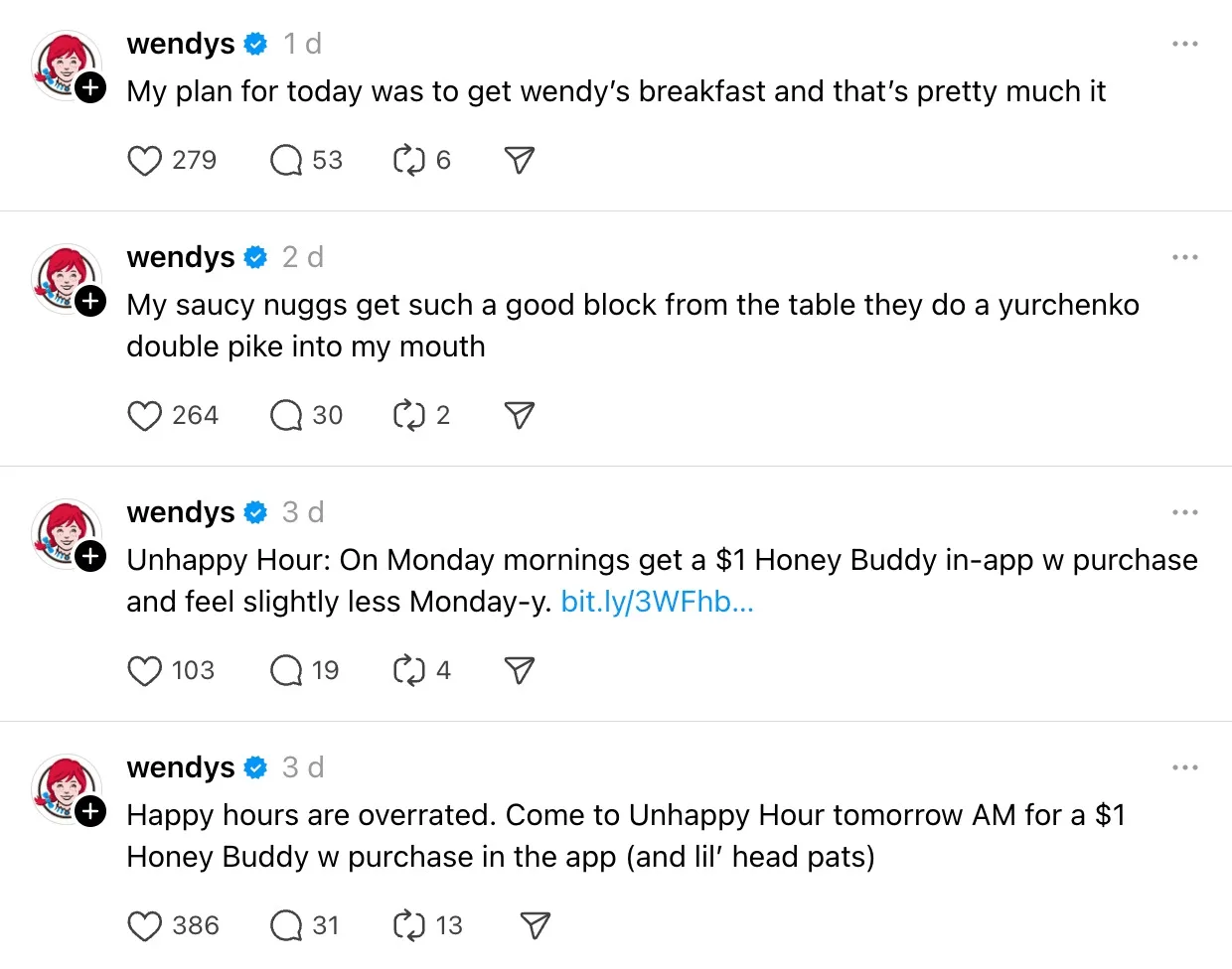 Threads feed displaying multiple posts from the Wendy’s account. The posts contain short text updates, promotional offers, and brand humor, with engagement metrics for likes, replies, reposts, and shares shown beneath each post. The feed demonstrates how brand content appears on Threads, including posts with links and text-only updates.