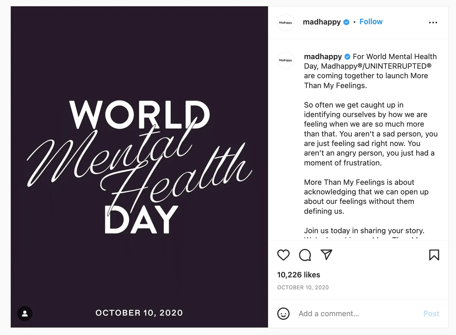 Instagram graphic with a dark purple background featuring large white typography reading “WORLD Mental Health DAY.” Smaller white text at the bottom displays the date “October 10, 2020.” Minimalist awareness-focused design with no additional imagery. Instagram interface visible.