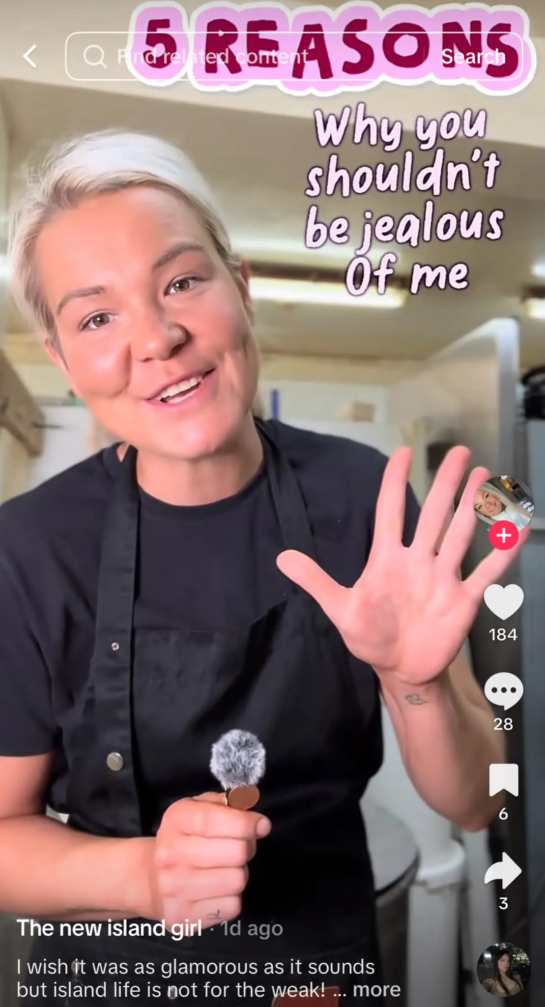 TikTok video featuring a creator speaking directly to the camera with the title, "5 REASONS Why you shouldn't be jealous Of me." The format introduces a list-style video that humorously contrasts assumptions with reality.