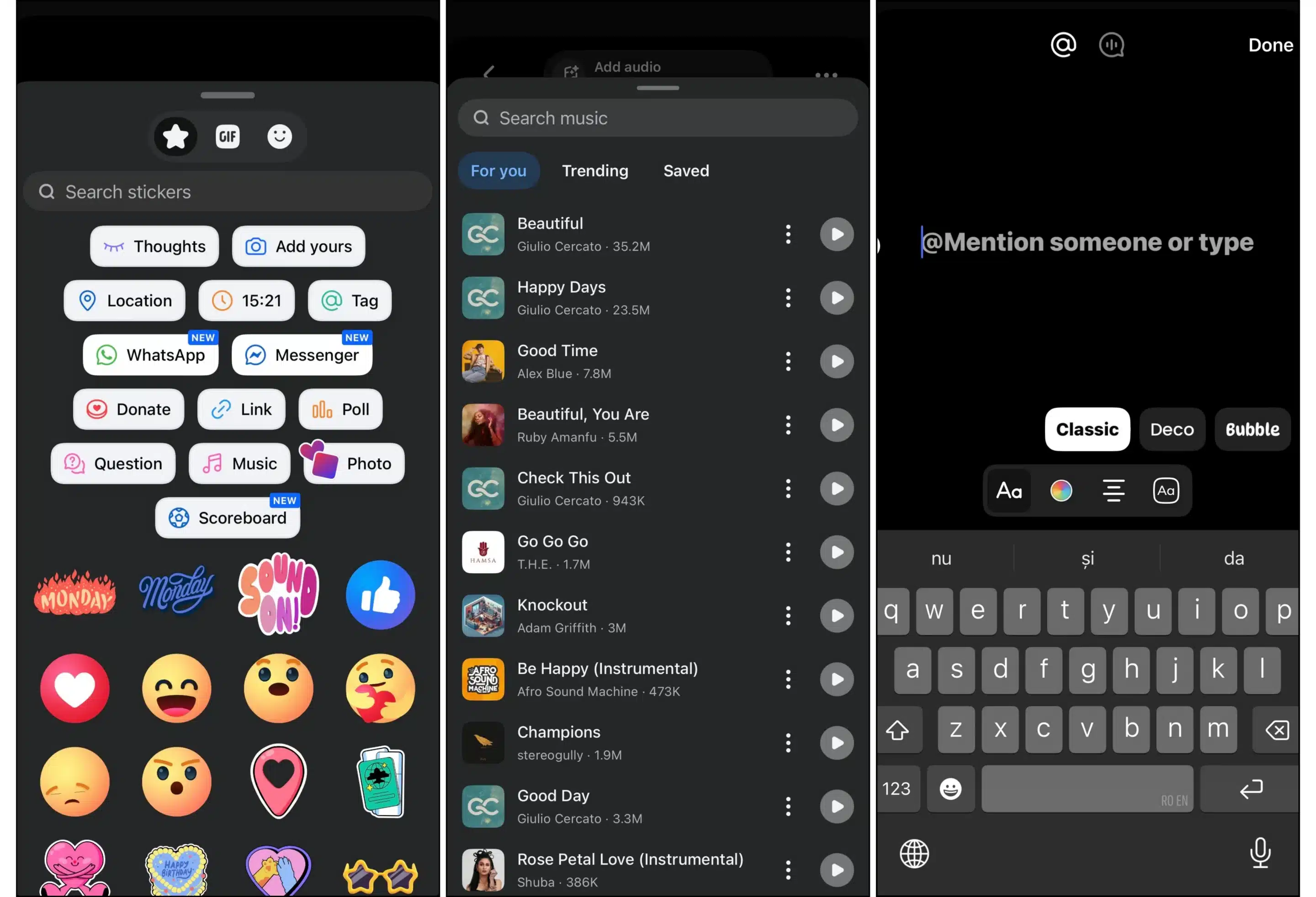 Facebook Story editing screens showing additional customization options. The first screen displays the Stickers menu with options like Location, Poll, Question, Link, Music, and GIFs. The second shows the Music library for adding a soundtrack to a story. The third shows the Mention tool, which lets users tag another Facebook account directly in their story.