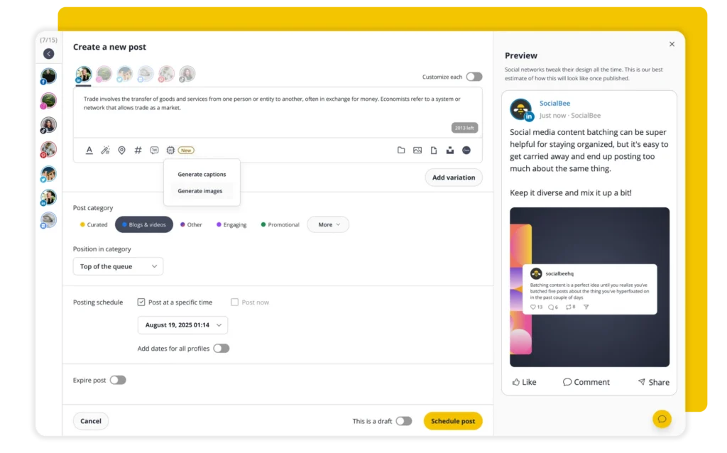 SocialBee post editor with a LinkedIn post selected. The editor contains text for a LinkedIn post, options to generate captions or images with AI, post category and scheduling settings, and a live preview of how the post will appear on LinkedIn, including an attached image.