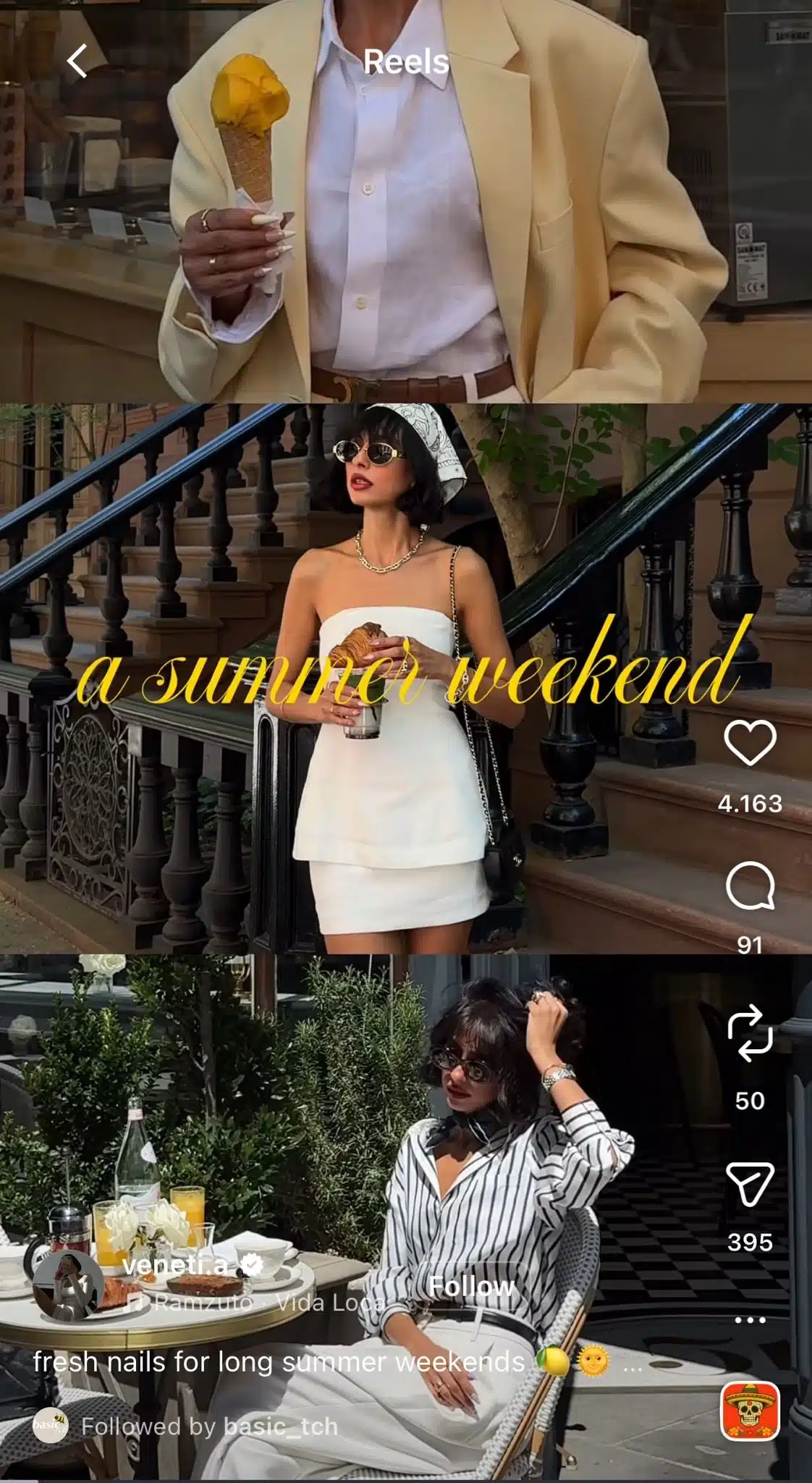 Instagram Reel using the "Vida Loca" audio. Creators pair the sound with stylish outfit transitions, travel clips, café visits, and weekend highlights to create aspirational lifestyle montages that emphasize fashion, leisure, and everyday luxury.