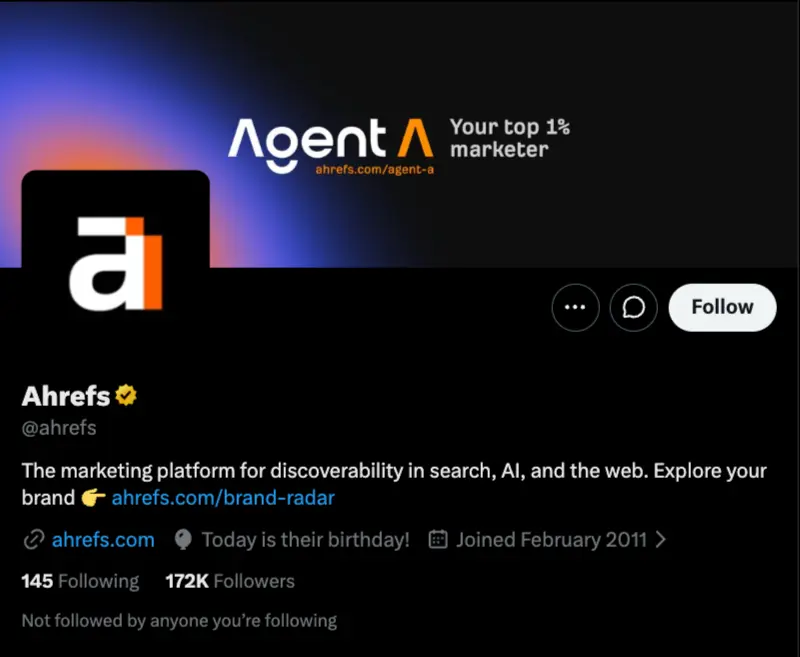 Ahrefs' X (formerly Twitter) profile showcasing its branding, bio, follower count, and marketing-focused account.