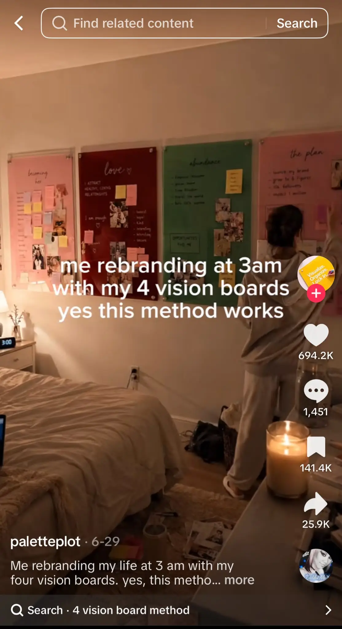 TikTok video showing a bedroom with four colorful vision boards covering the wall while a person rearranges them late at night. The on-screen text reads, "me rebranding at 3am with my 4 vision boards yes this method works," using the "Do You Mind" trend to humorously portray late-night self-improvement and personal rebranding.