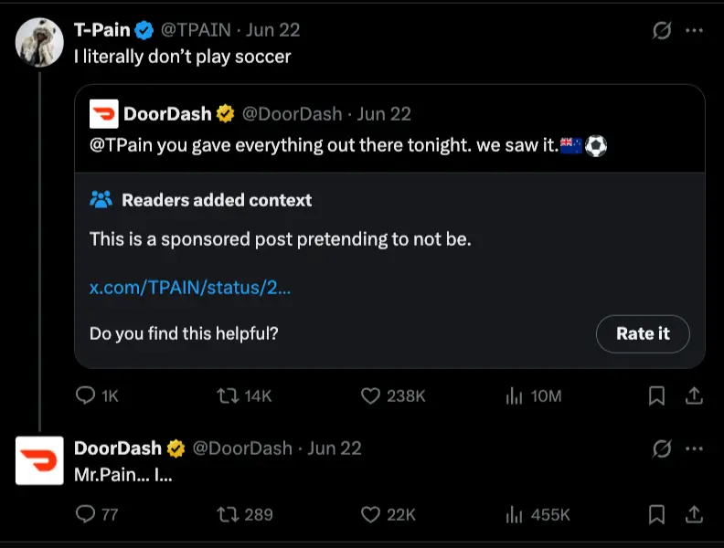 Example of a branded X post with a Community Note, highlighting how sponsored content can receive public context.