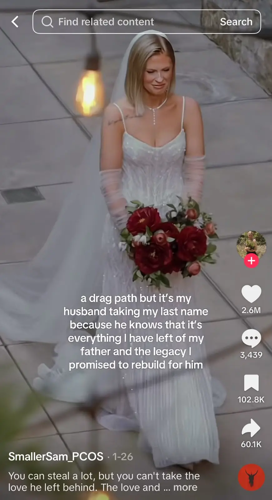 TikTok video showing a bride walking down the aisle with text explaining that her husband is taking her last name to honor her late father and continue his legacy.