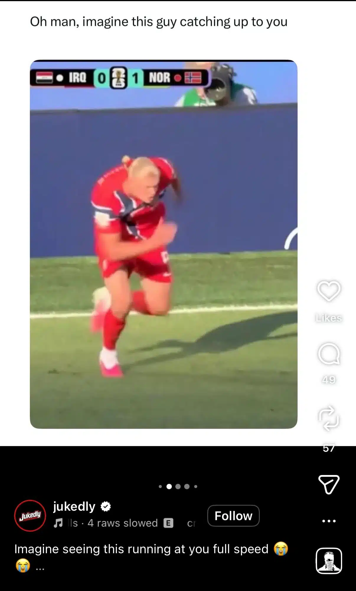 Instagram Reel featuring a viral meme of footballer Erling Haaland sprinting during a match. The post jokes, "Oh man, imagine this guy catching up to you," with creators and brands using the clip to exaggerate speed, persistence, or something quickly closing in on a person or situation.