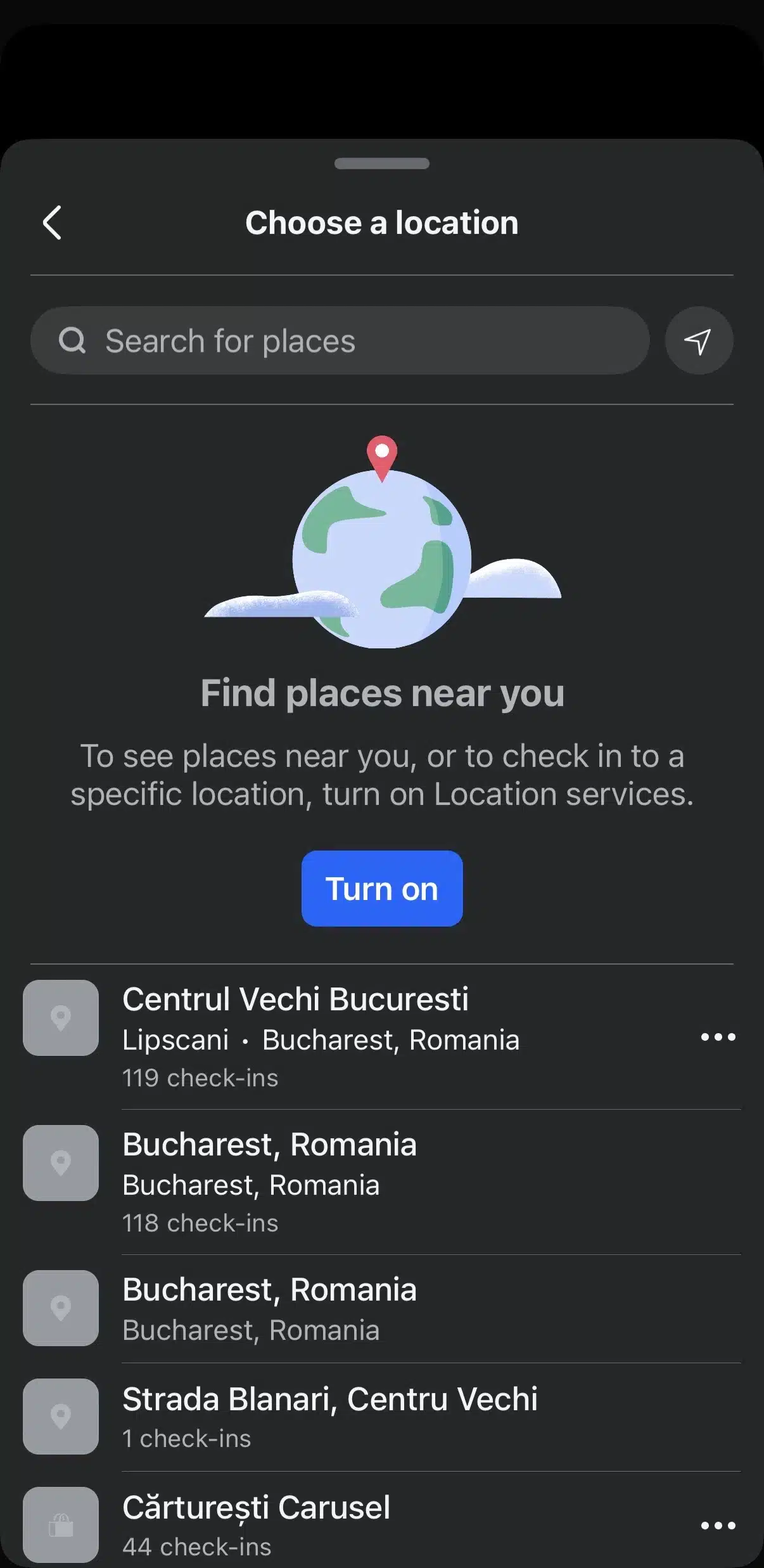 Facebook Story Location sticker interface showing the location search screen. Users can search for nearby places or choose a specific location to add to their story.