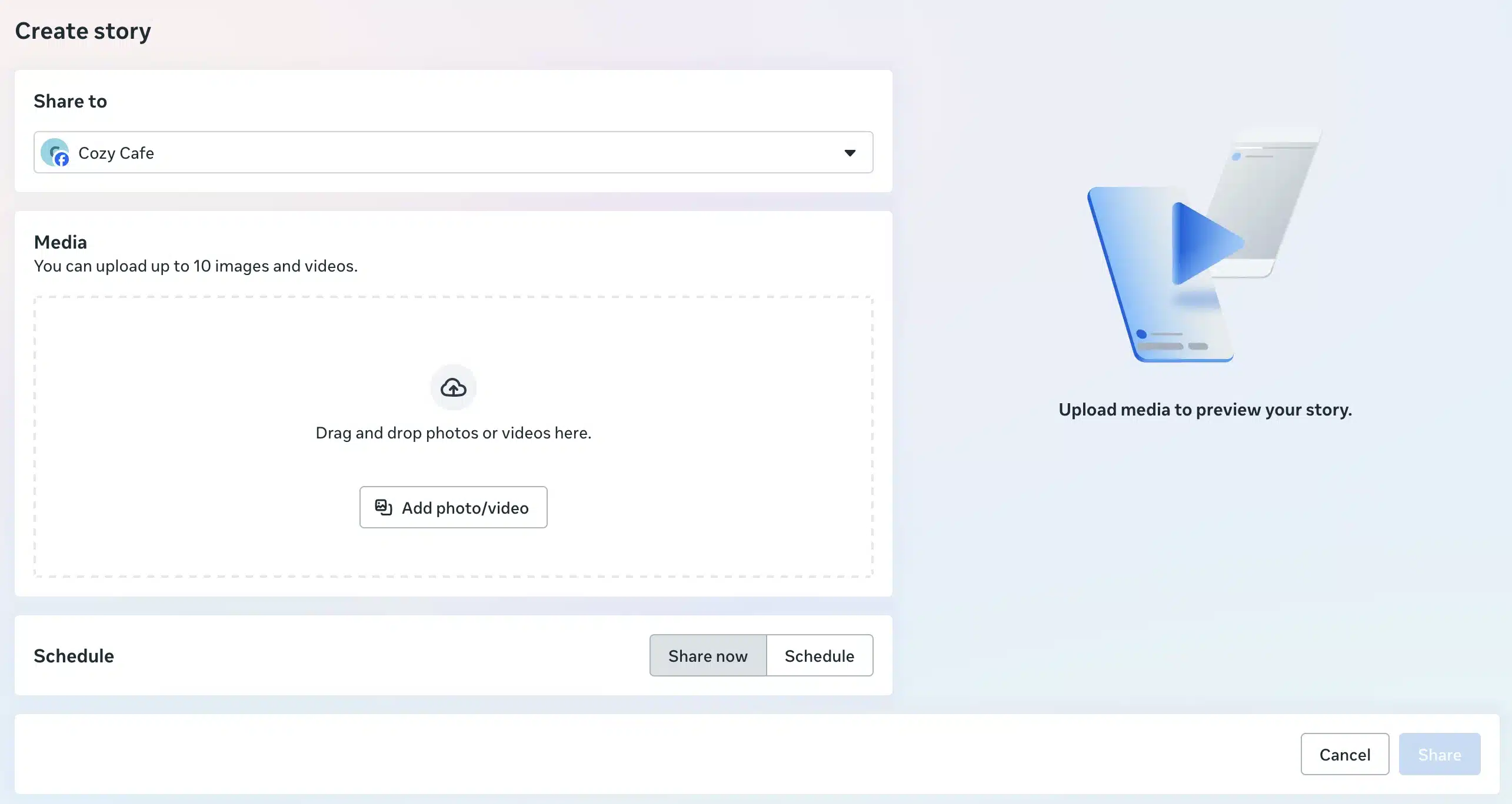 Meta Business Suite's Story composer for Facebook Pages. Users can upload up to 10 photos or videos, preview their story, publish it immediately with Share now, or use the Schedule option to publish the story at a later date.