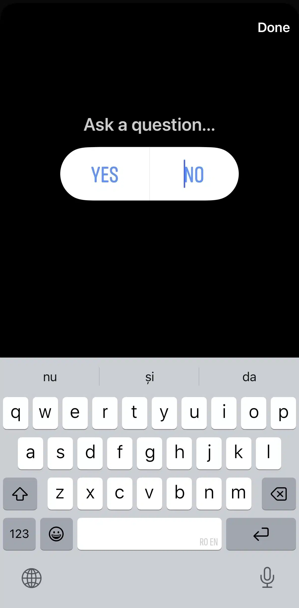 Facebook Story editor displaying the Poll sticker. The interface lets you enter a question and customize two response options, allowing viewers to vote directly from the story.