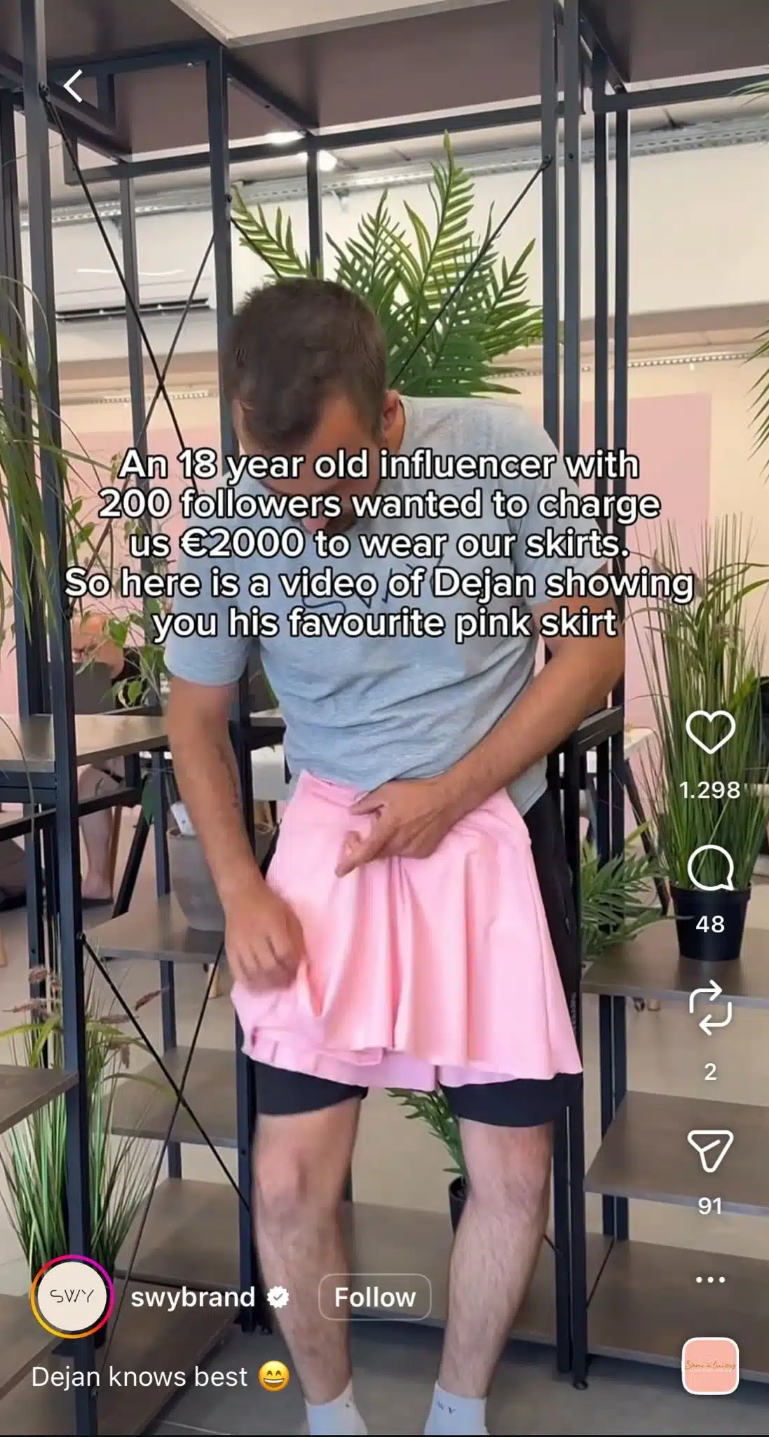 Instagram Reel using the "You're the influencer" trend. Instead of paying creators to promote their products, brands put employees or founders in front of the camera, using humor and self-awareness to showcase products while commenting on influencer marketing culture.