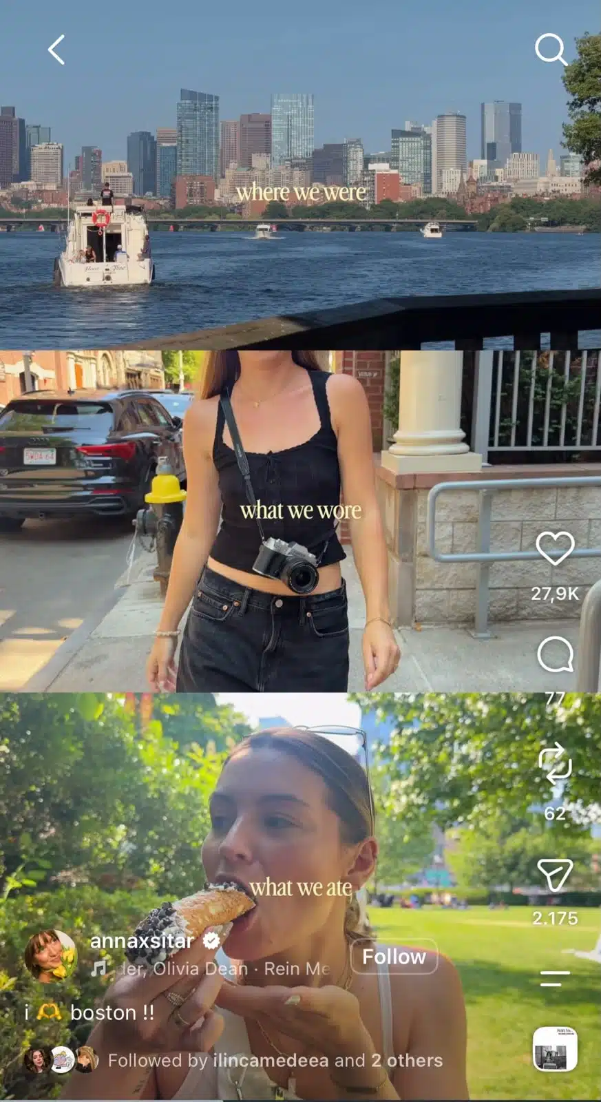Instagram Reel divided into three horizontal panels showing a day out. The panels are labeled "where we were," "what we wore," and "what we ate," creating a visual recap of the outing.