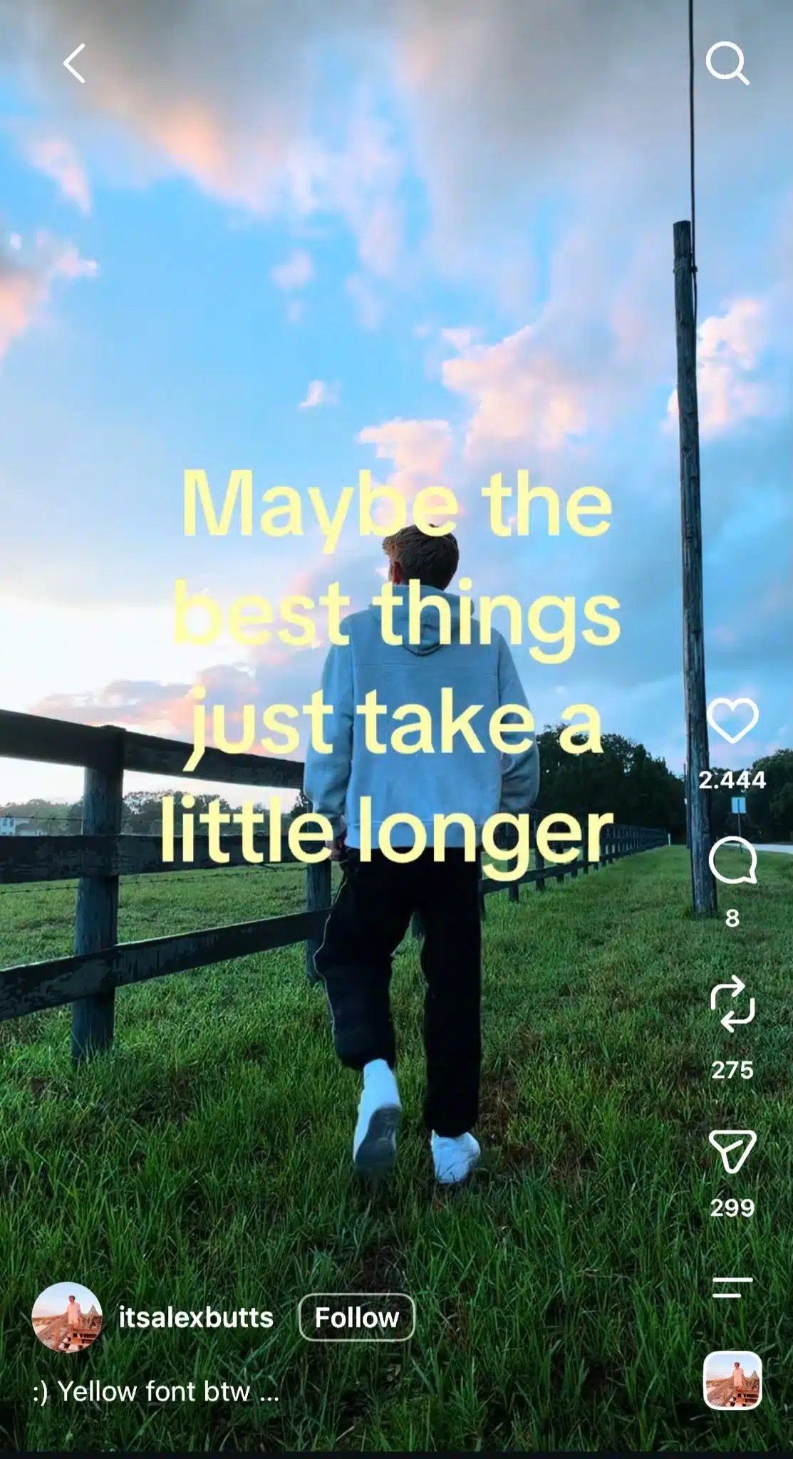 Instagram Reel showing a person walking through a grassy field with large yellow text overlaid on the video that reads, "Maybe the best things just take a little longer."