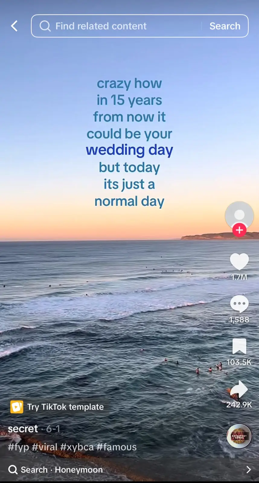 TikTok video showing an ocean view at sunset with text reading, "crazy how in 15 years from now it could be your wedding day but today its just a normal day," creating a reflective moment over a scenic landscape.
