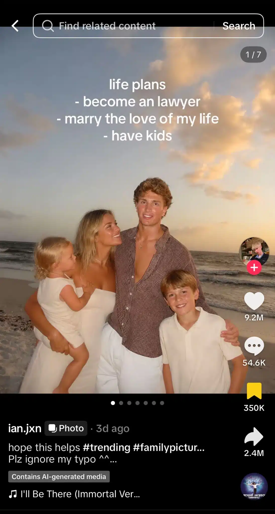 TikTok photo carousel showing a couple and two children posing on a beach at sunset. Text at the top reads, "life plans – become a lawyer – marry the love of my life – have kids."