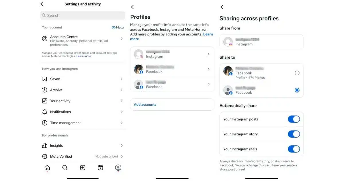Instagram's Sharing across profiles settings in Meta's Account Center. After linking your Instagram and Facebook accounts, you can choose which Facebook profile receives your content and enable automatic sharing for Instagram posts, stories, and reels.