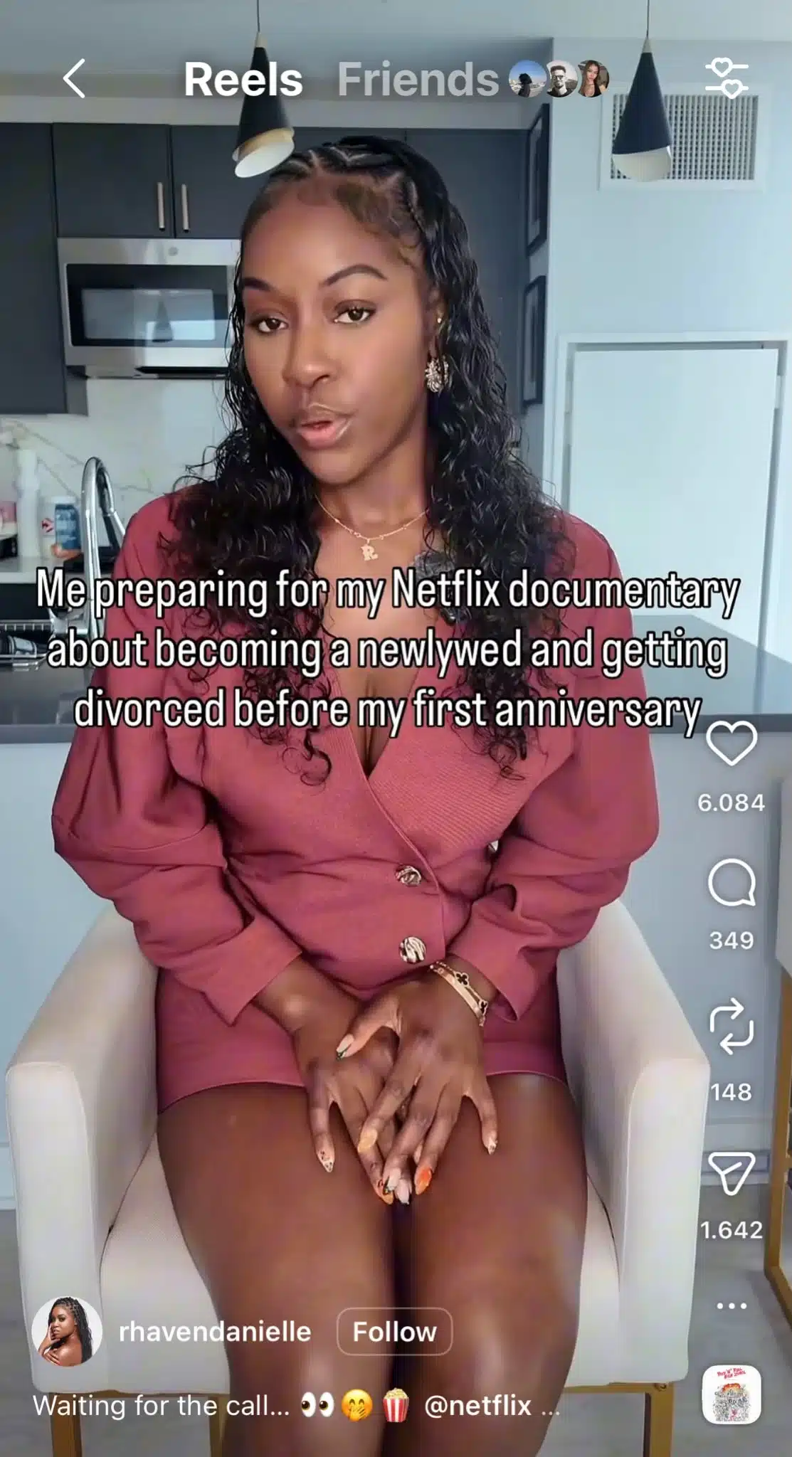 Instagram Reel of a creator sitting in a chair in a modern apartment with on-screen text reading, "Me preparing for my Netflix documentary about becoming a newlywed and getting divorced before my first anniversary." The Reel uses the viral "Netflix documentary" trend to dramatize an everyday situation as if it were the subject of a documentary.