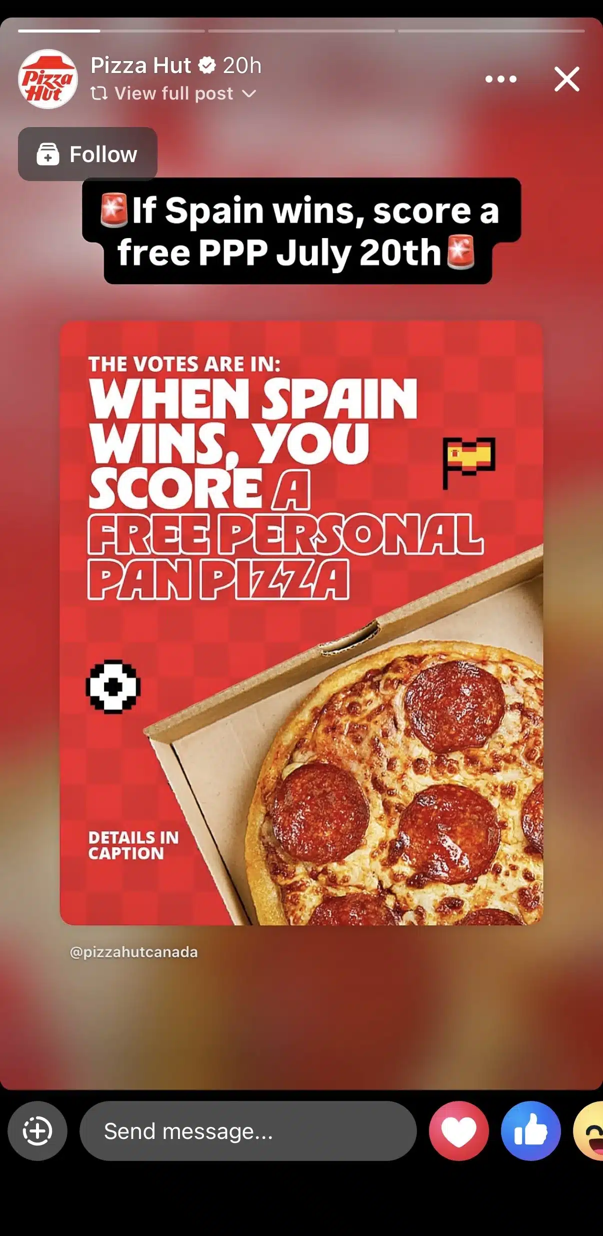 Pizza Hut Facebook Story promoting a free personal pan pizza if Spain wins. The story features a bright red graphic with a pepperoni pizza and a call to view the full post for details.