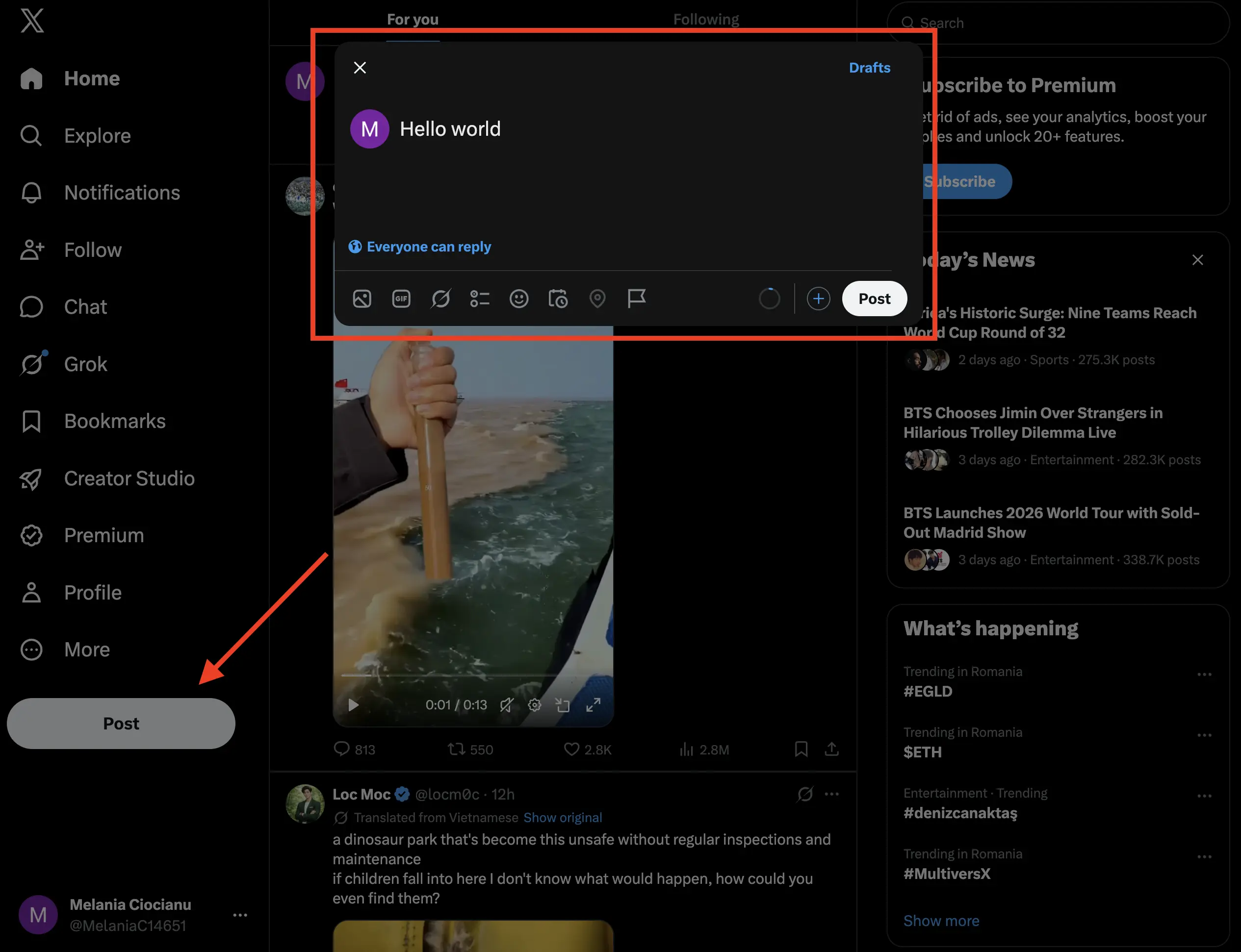 X (formerly Twitter) desktop interface showing the post composer opened after clicking the "Post" button in the left sidebar. A draft post reading "Hello world" is displayed, with the "Everyone can reply" setting, options to add media, GIFs, polls, emojis, location, and other attachments, plus the "Post" button ready to publish. Red arrows highlight the left sidebar "Post" button and the open composer window.