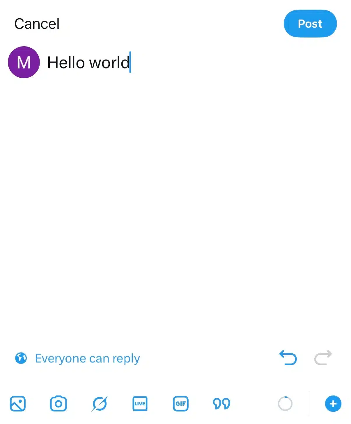 X (formerly Twitter) mobile app's post composer. A draft post reading "Hello world" is being written, with the blue "Post" button in the top right. The screen also shows the "Everyone can reply" option and icons for adding images, camera, live video, GIFs, quotes, polls, and other attachments.
