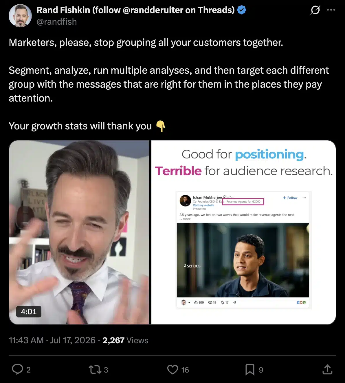 Post on X from Rand Fishkin discussing audience segmentation in marketing. The post includes a video thumbnail and a presentation slide comparing positioning with audience research to support the advice.