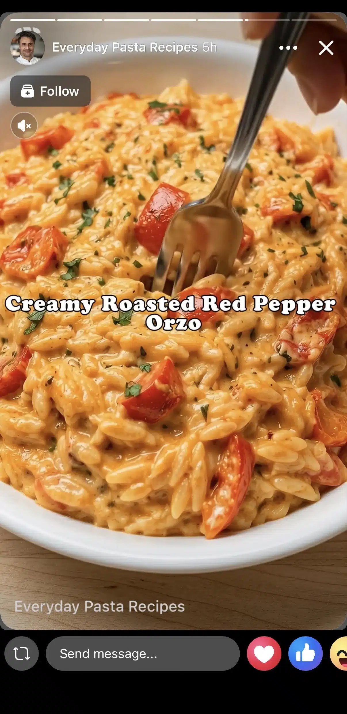 Facebook Story from Everyday Pasta Recipes featuring a close-up video of creamy roasted red pepper orzo with cherry tomatoes. Text on screen reads "Creamy Roasted Red Pepper Orzo."