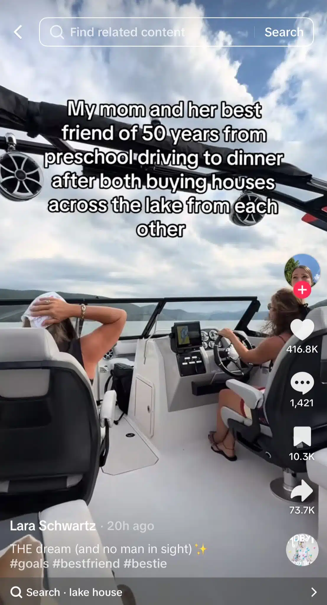 TikTok video showing two women riding in a speedboat on a lake. Text on screen reads, "My mom and her best friend of 50 years from preschool driving to dinner after both buying houses across the lake from each other."