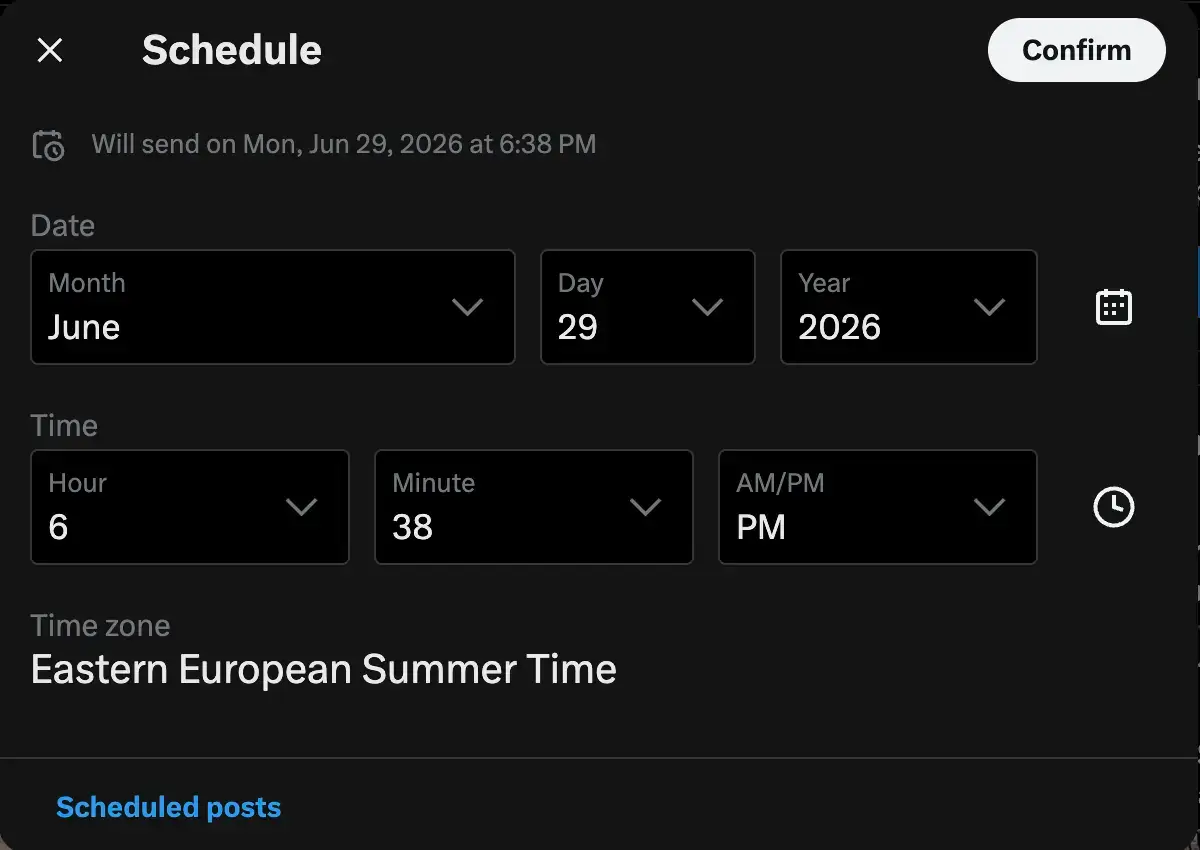 X's scheduling interface for posts. The schedule dialog lets users choose the publication date and time using dropdown menus for month, day, year, hour, minute, and AM/PM. The selected time zone is Eastern European Summer Time, and a "Confirm" button is available to save the scheduled publishing time.