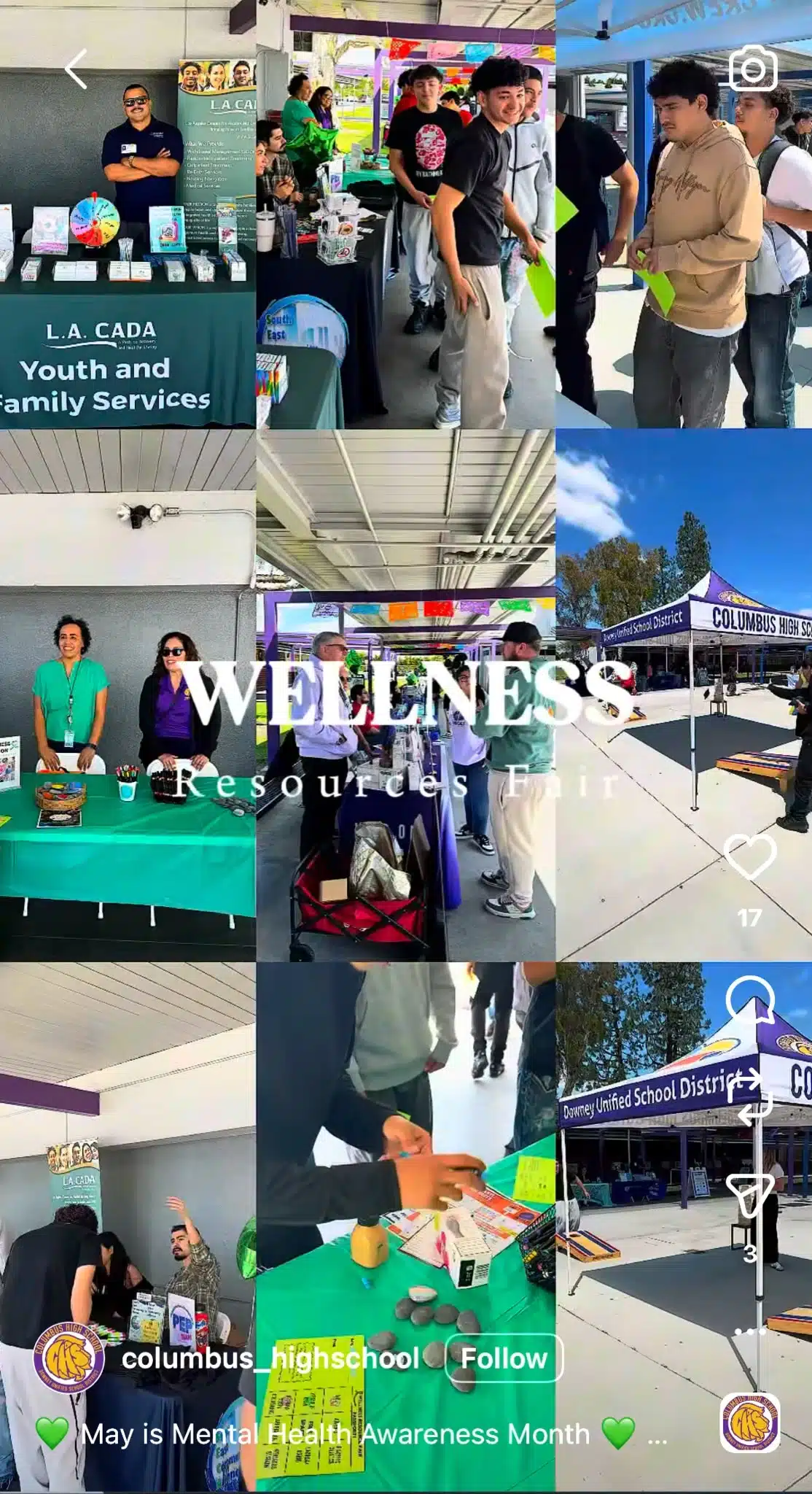 Une vidéo Instagram Reel du lycée Columbus présentant un salon consacré aux ressources de bien-être. On y voit des élèves se rendre aux stands d'information, auprès d'associations locales et aux stands consacrés à la santé mentale lors de cet événement organisé sur le campus.