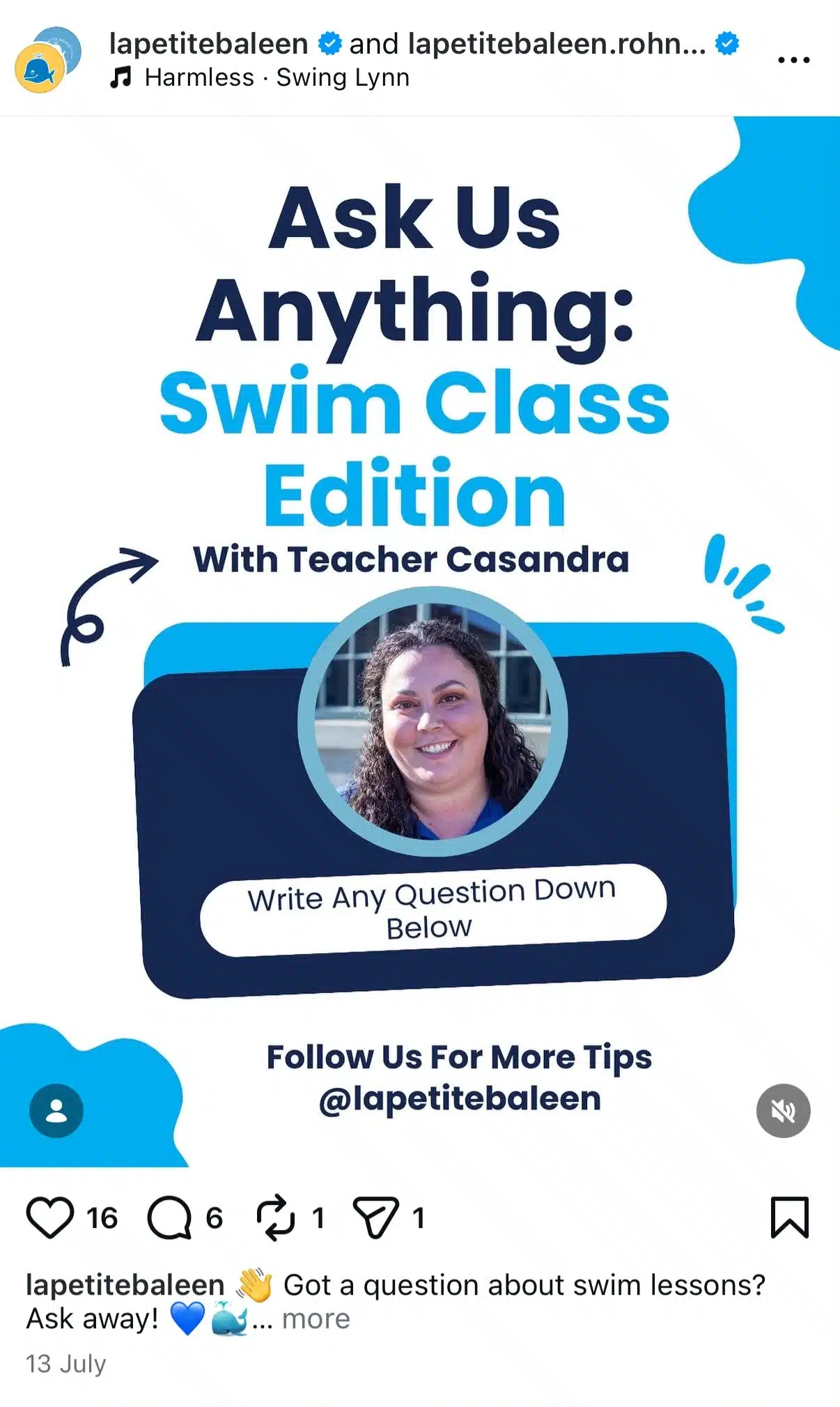 Publication Instagram de La Petite Baleen invitant les parents à poser des questions sur les cours de natation. L'image met en avant Cassandra, monitrice de natation, et encourage les abonnés à soumettre leurs questions en vue d'une prochaine session de questions-réponses.