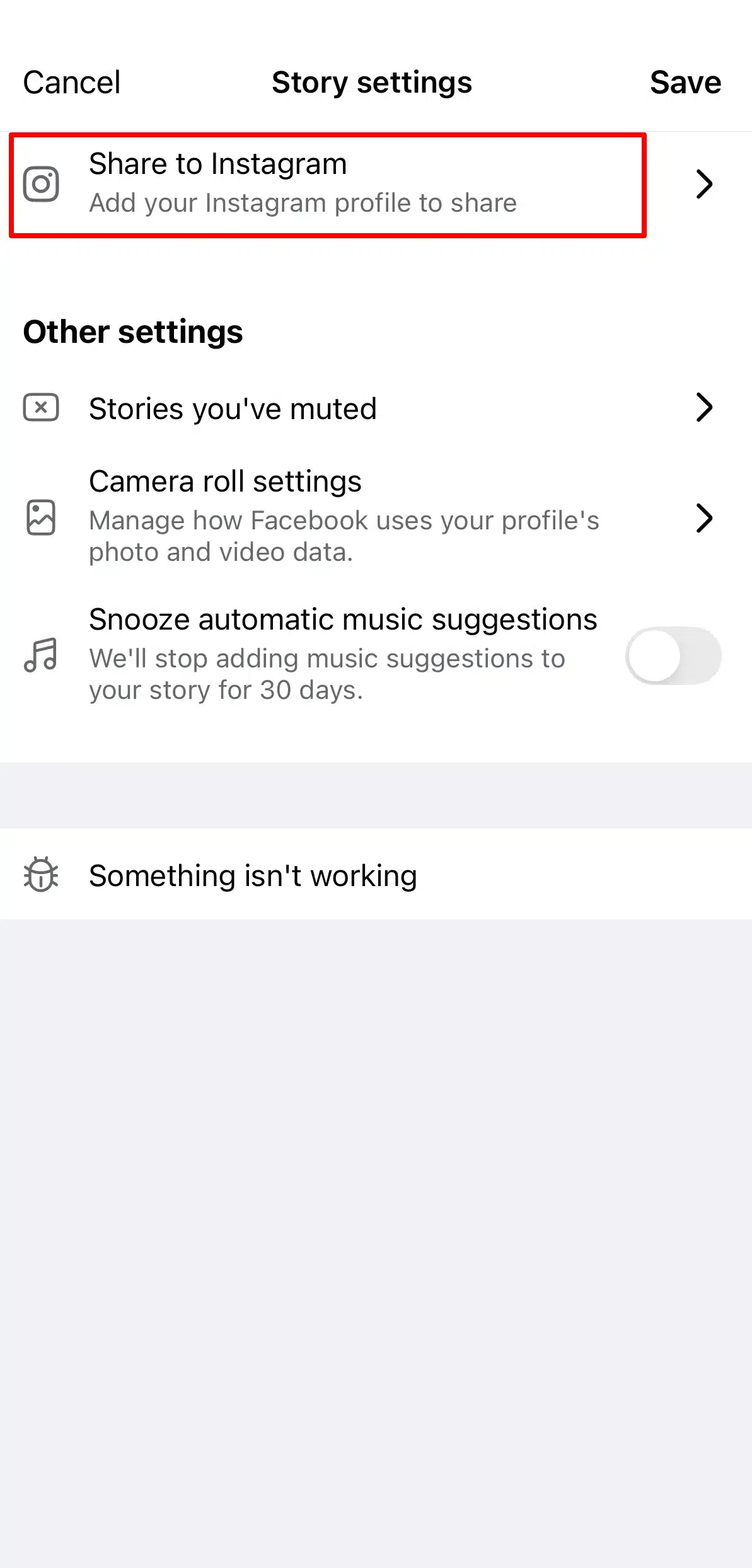 Facebook Story settings screen showing the Share to Instagram option. After linking your Facebook and Instagram accounts, you can enable this setting to automatically share your Facebook Stories to Instagram as well.