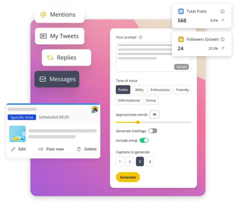SocialBee's social media management features, including AI caption generation with customizable tone and length, content scheduling, engagement tools for mentions, replies, messages, and analytics tracking for posts and follower growth.