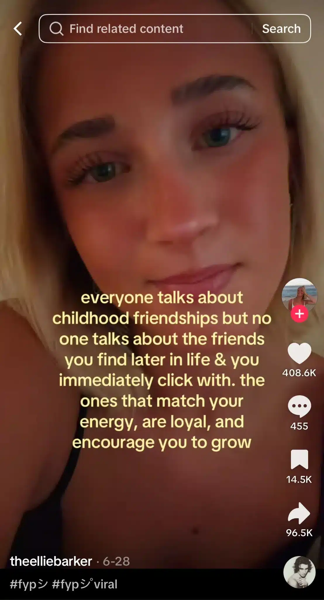 TikTok video featuring a close-up of a creator with on-screen text reading, "everyone talks about childhood friendships but no one talks about the friends you find later in life..." The video uses the viral "Back to Friends" audio by sombr to accompany a reflective post about meaningful friendships formed in adulthood.