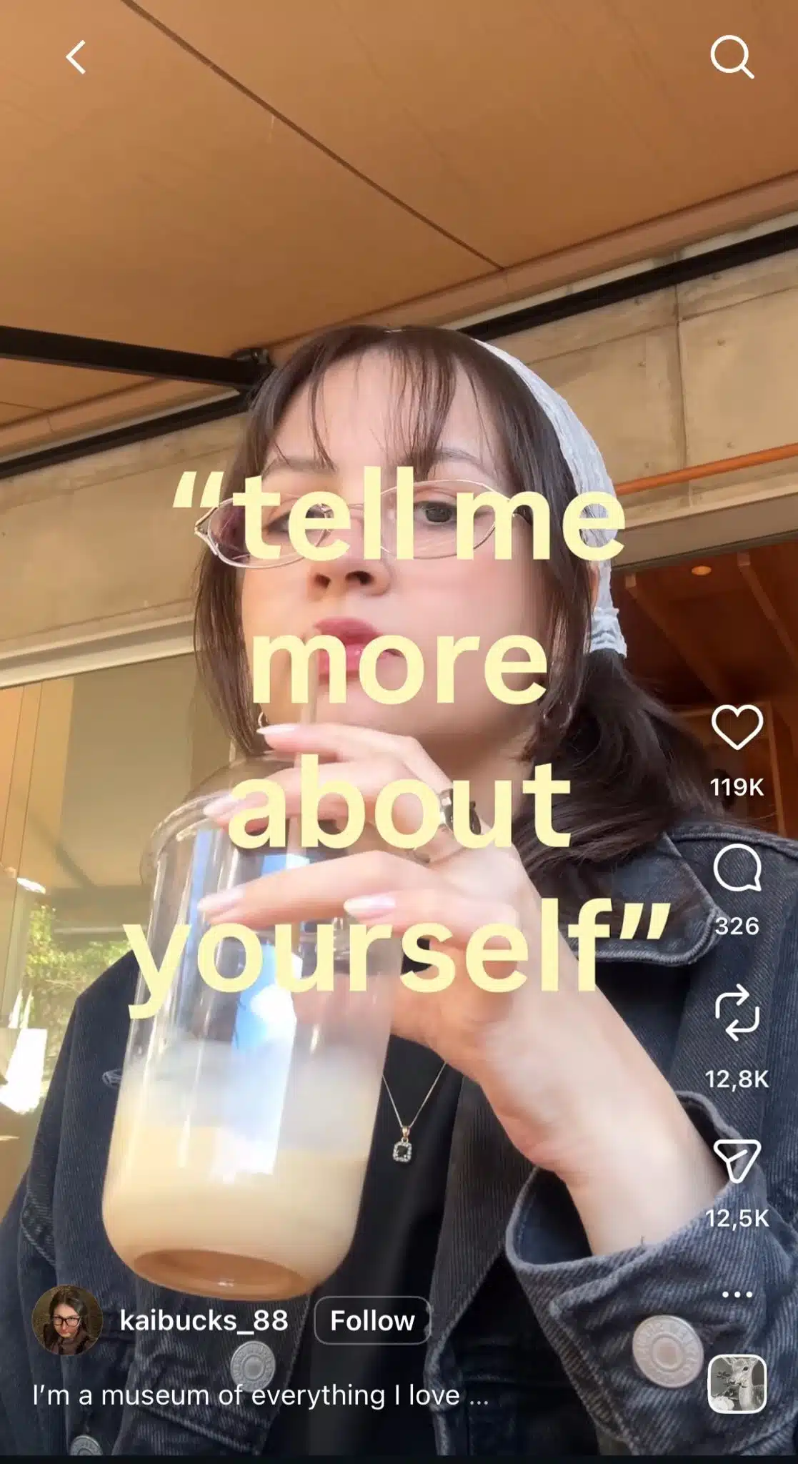 Instagram Reel using the "Tell me more about yourself" trend. Creators respond to the prompt by revealing niche interests, hobbies, or personality traits through text overlays and visuals, making it a popular format for storytelling, personal branding, and community engagement.