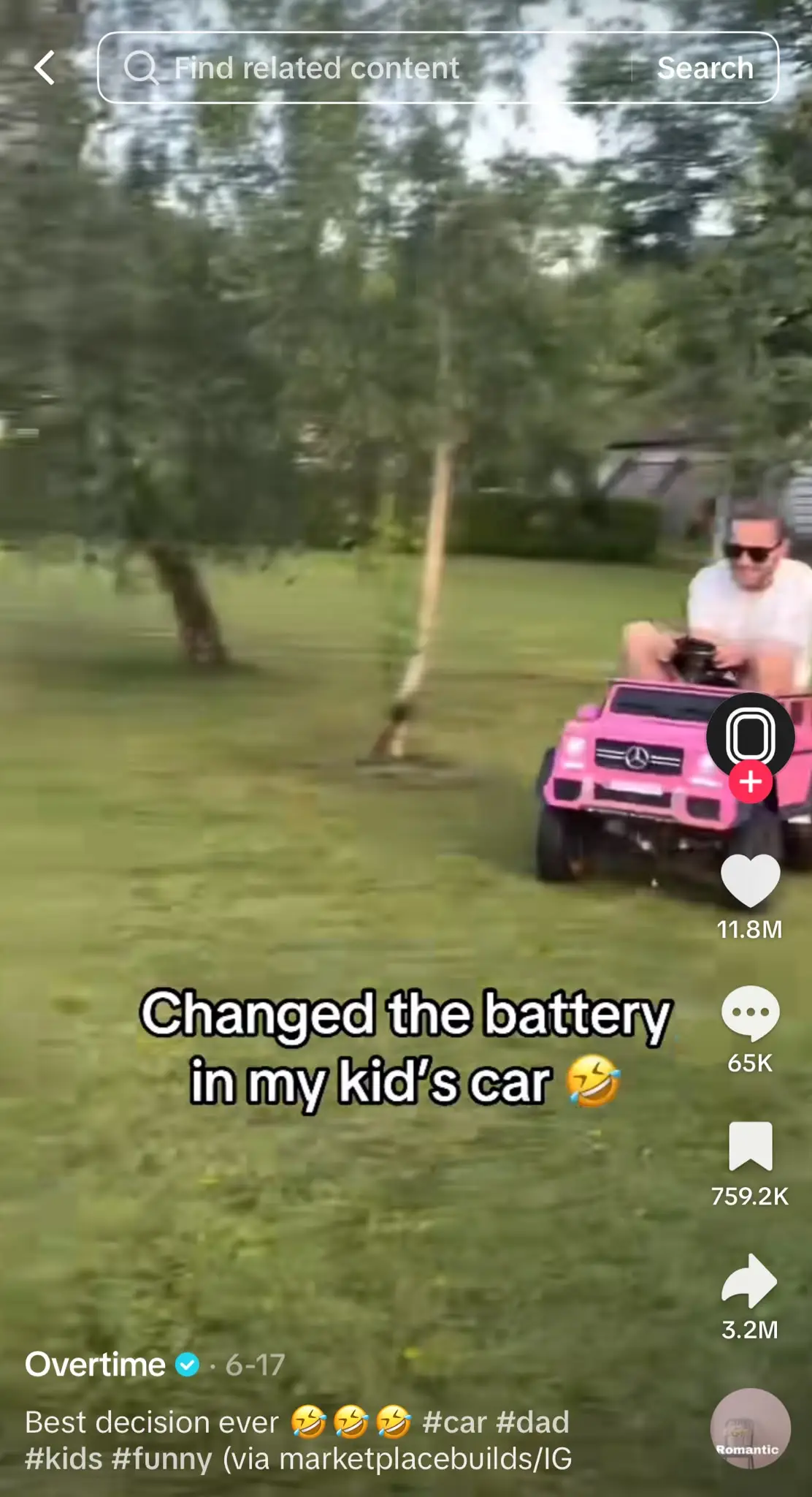 TikTok video showing a man driving a pink children's ride-on Mercedes across a grassy yard at high speed. The on-screen text reads, "Changed the battery in my kid's car," using the viral Chopin audio trend to exaggerate an everyday situation for comedic effect.