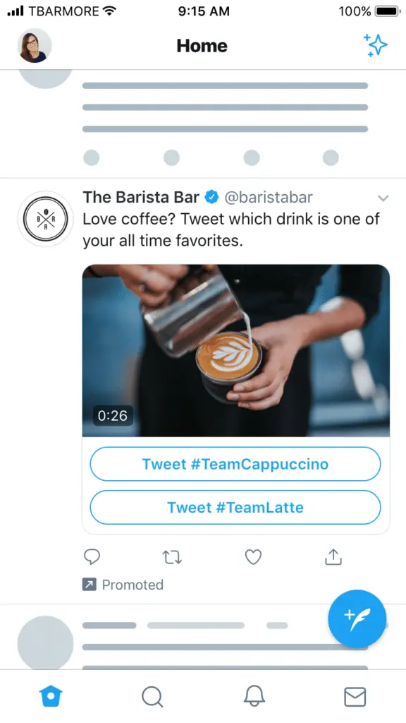 Promoted X post from The Barista Bar asking users to choose their favorite coffee drink. The post features a video of a barista pouring milk art into a cappuccino and includes interactive buttons labeled "Tweet #TeamCappuccino" and "Tweet #TeamLatte," allowing users to participate directly from the ad.