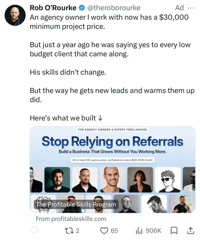 Sponsored advertisement on X promoting a business growth program with a call-to-action and preview image.