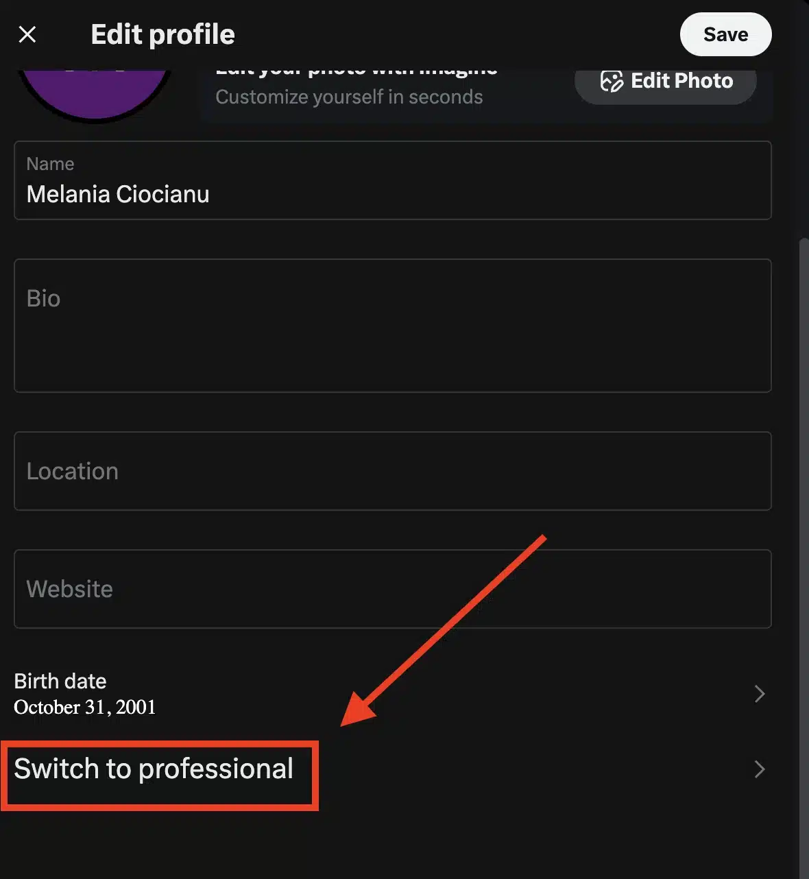 X's Edit profile page highlighting the Switch to professional option, showing profile fields such as name, bio, location, website, and birth date before converting an account to a professional profile.