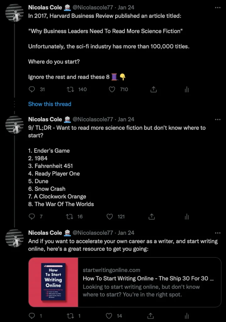 Educational thread on X demonstrating how creators share long-form content across multiple connected posts.