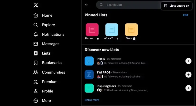 X Lists interface showing pinned and recommended lists for organizing accounts by topics and interests.