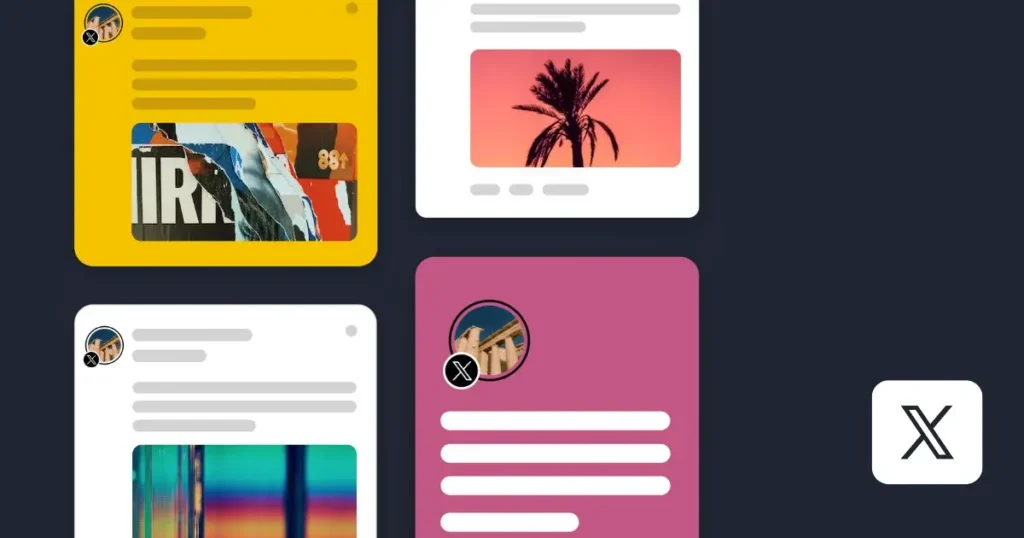 Illustration of several X (formerly Twitter) posts displayed in different card layouts, representing social media content and marketing on the X platform.