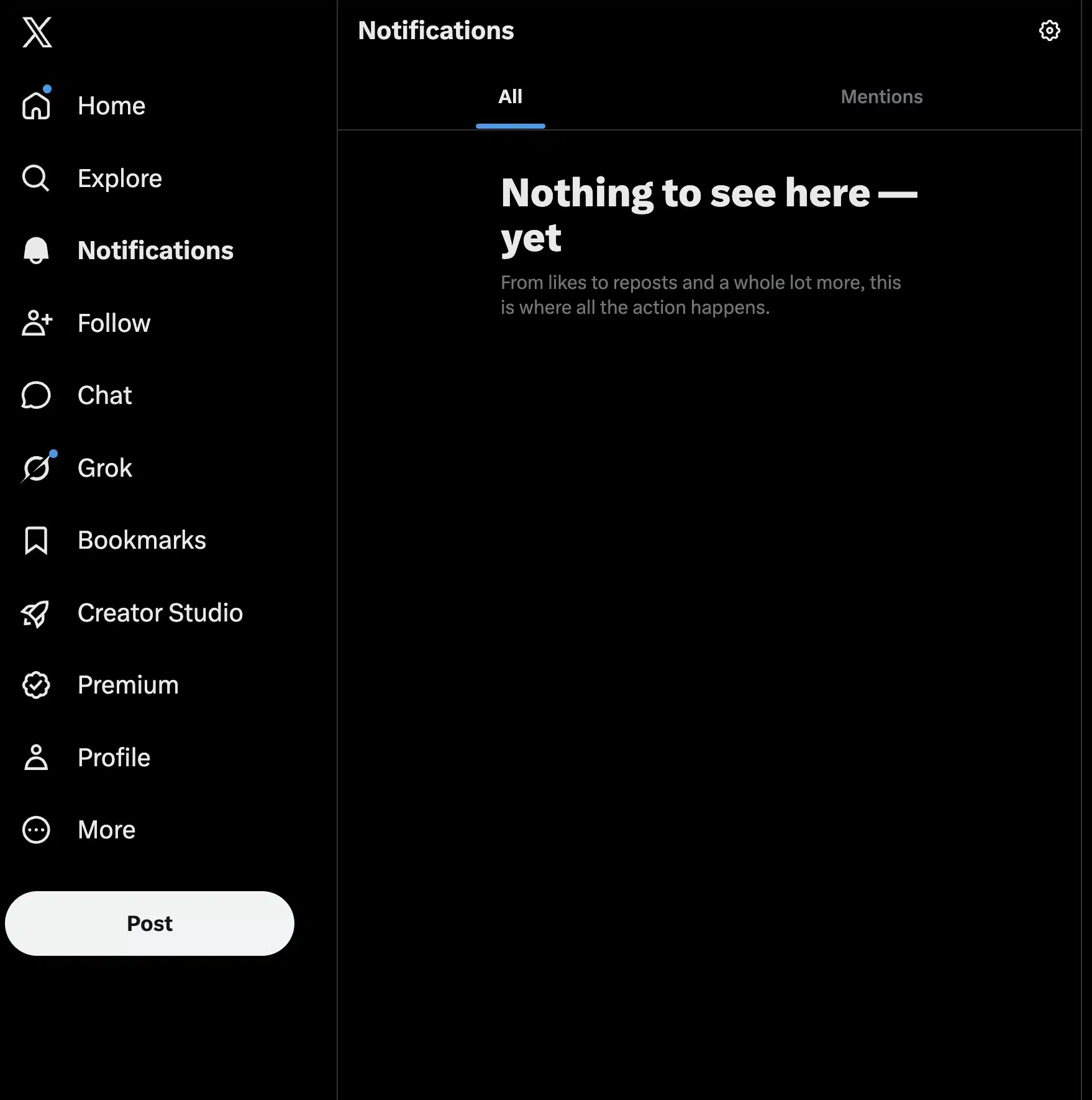 X Notifications page showing the All tab selected with the message, "Nothing to see here yet," indicating there are no recent likes, reposts, mentions, or other account notifications.